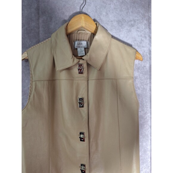 LISA INTERNATIONAL Lamb Skin Leather Sweater Vest Women's L Beige Button Up Y2K - Picture 5 of 9